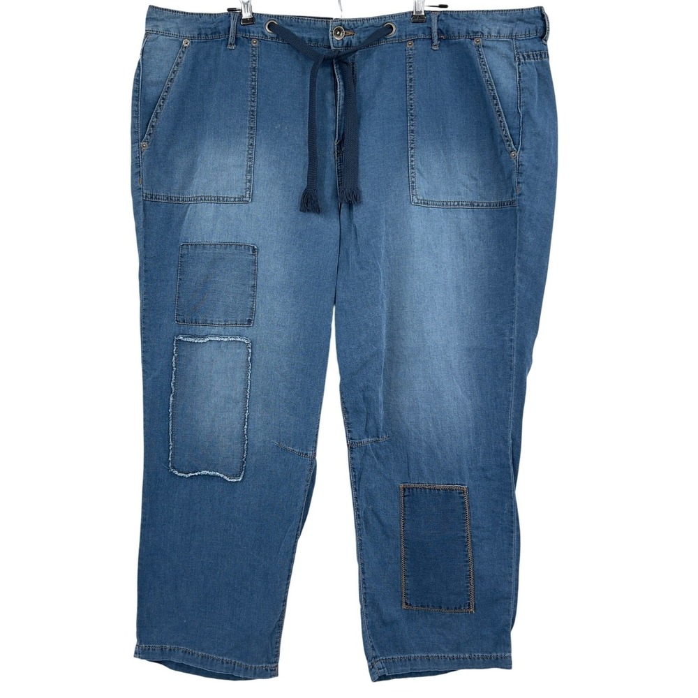 LOGO‎ Lori Goldstein Patchwork Jeans Straight Leg Drawstring Blue Denim 22W